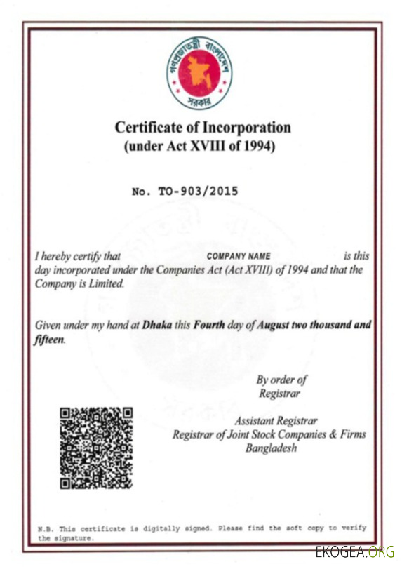Certification de constitution en société au Bangladesh
